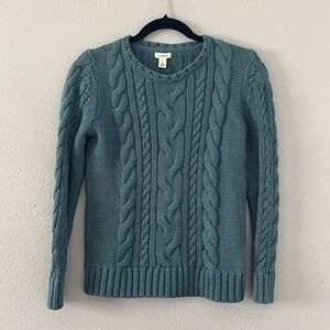 L.L.Bean Cable Knit Sweater Women's Small Petite Teal Cotton Preppy Coastal